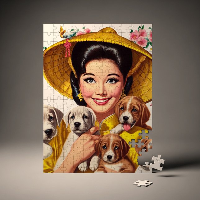 Vintage Japanese Woman and Puppies Jigsaw Puzzle (Creator Uploaded)