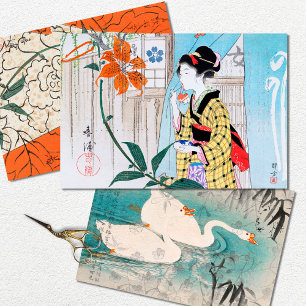 Vintage Japanese Woman Birds  Decoupage  Wrapping Paper Sheet