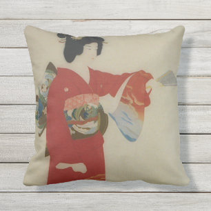 Vintage Japanese woman in red kimono Outdoor Cushion