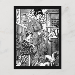 Vintage Japanese Woman with Pugs Postcard