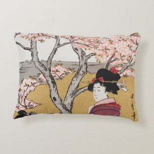Vintage Japanese women and cherry blossoms Decorative Cushion