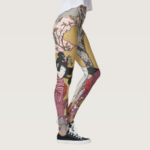 Vintage Japanese women and cherry blossoms Leggings