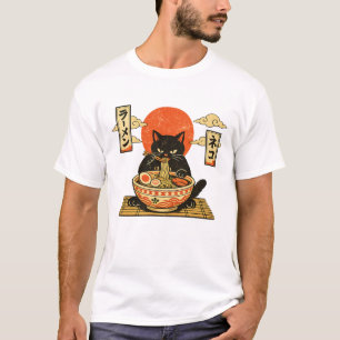 Vintage Japanese Woodblock Black Cat Ramen T-Shirt