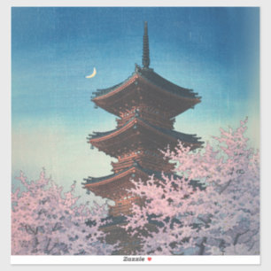 Vintage Japanese Woodblock Spring Evening Pagoda