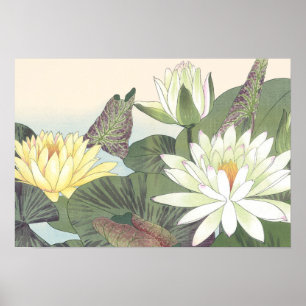 Vintage Japanese Woodblock White Lotus Flower Poster