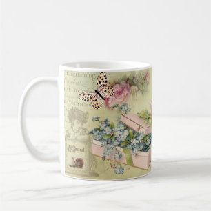 Vintage jar with flowers, butterflies, roses, bird coffee mug