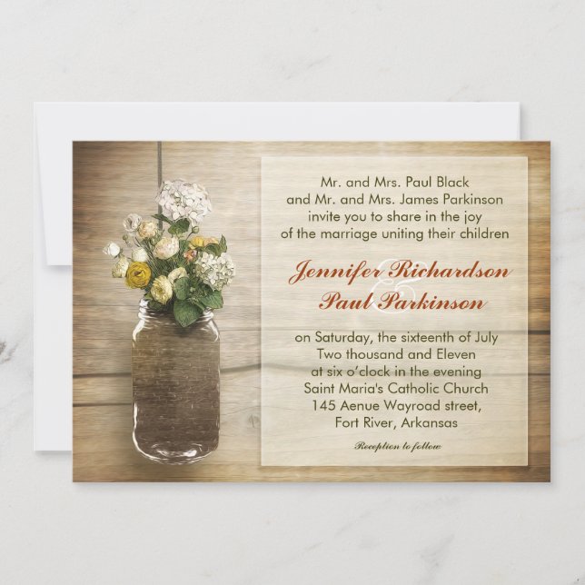 vintage jar with wild flowers wedding invitation (Front)