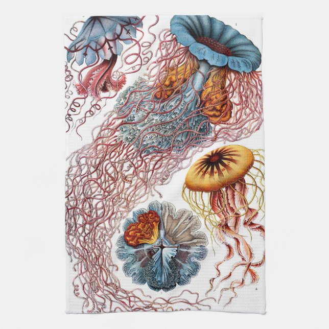 Vintage Jellyfish by Ernst Haeckel, Discomedusae Tea Towel (Vertical)