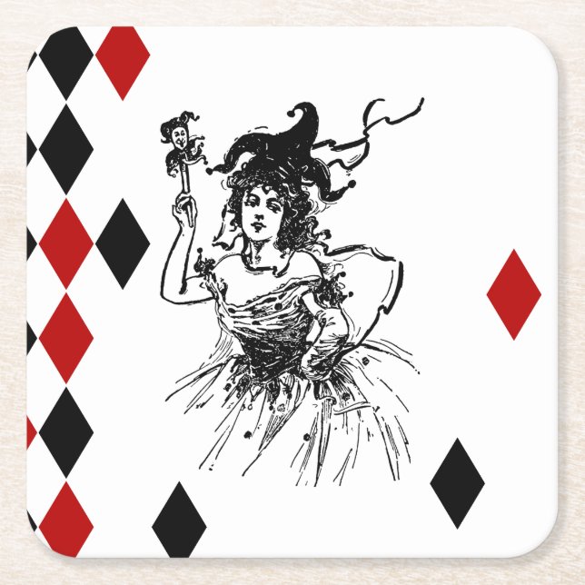 Vintage Jester Lady Square Paper Coaster (Front)
