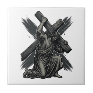 Vintage Jesus Carrying Cross Christian Vector Art Ceramic Tile