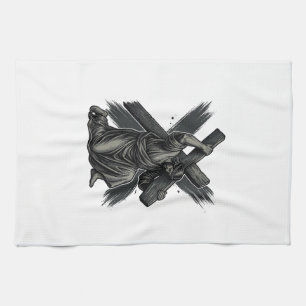 Vintage Jesus Carrying Cross Christian Vector Art Tea Towel
