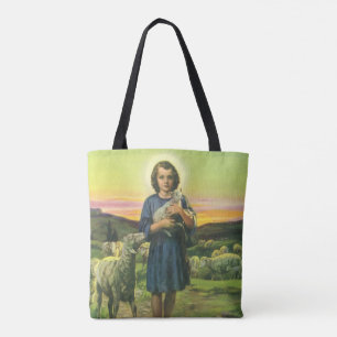 Vintage Jesus Christ the Shepherd with Baby Lamb Tote Bag