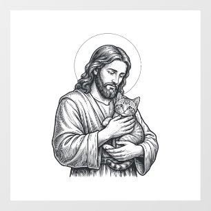 Vintage Jesus Holding Cat Engraving Graphic_1