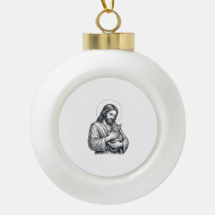 Vintage Jesus Holding Cat Engraving Graphic_1 Ceramic Ball Christmas Ornament