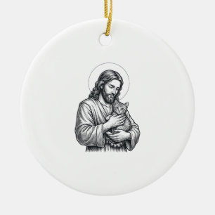 Vintage Jesus Holding Cat Engraving Graphic_1 Ceramic Ornament