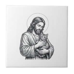 Vintage Jesus Holding Cat Engraving Graphic_1 Ceramic Tile