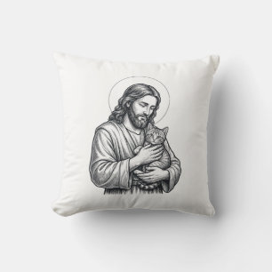 Vintage Jesus Holding Cat Engraving Graphic_1 Cushion