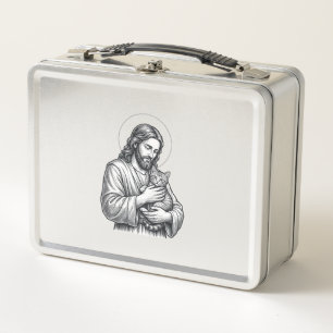 Vintage Jesus Holding Cat Engraving Graphic_1 Metal Lunch Box