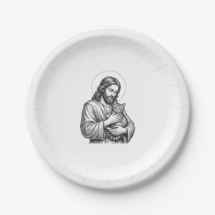 Vintage Jesus Holding Cat Engraving Graphic_1 Paper Plate