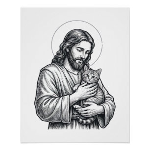 Vintage Jesus Holding Cat Engraving Graphic_1 Poster