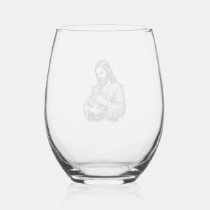 Vintage Jesus Holding Cat Engraving Graphic_1 Stemless Wine Glass