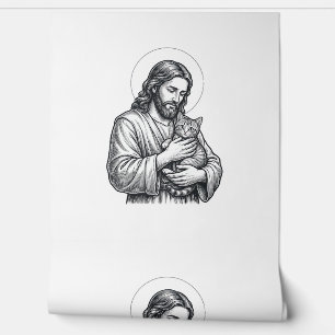 Vintage Jesus Holding Cat Engraving Graphic_1 Wallpaper