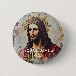 Vintage Jesus Loves You 6 Cm Round Badge