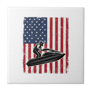 Vintage Jet Ski American Flag Vector Shirt Design_ Ceramic Tile