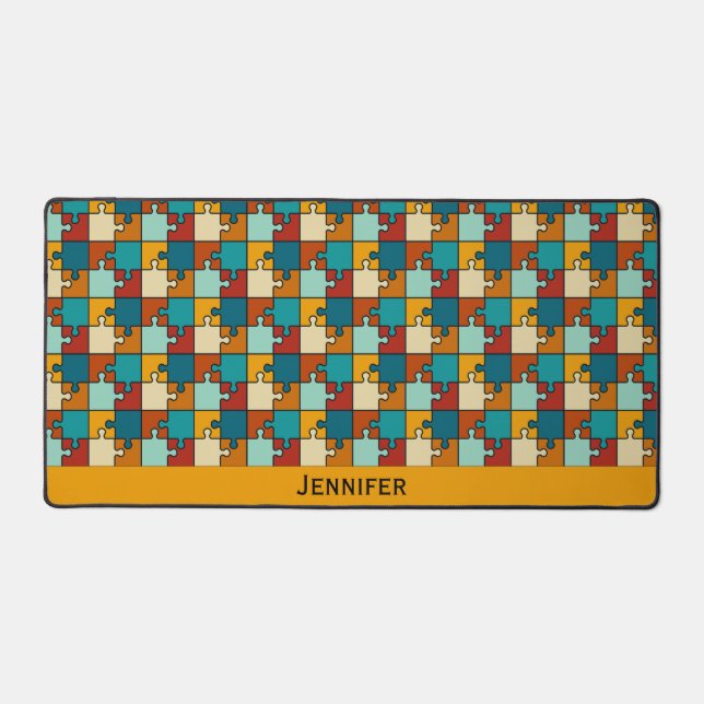 Vintage Jigsaw Puzzle Pieces Pattern Name Desk Mat (Front)