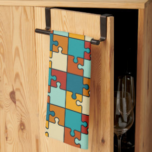 Vintage Jigsaw Puzzle Pieces Pattern Tea Towel