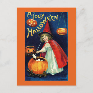 Vintage Jolly Halloween Girl Witch Postcard