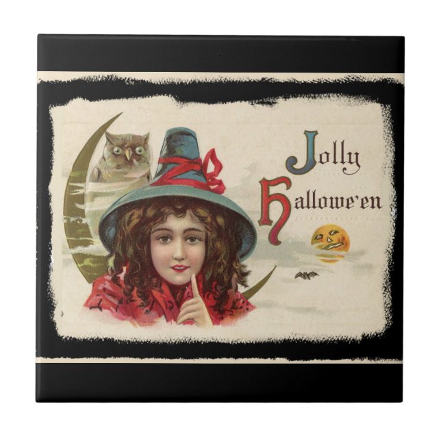 Vintage Jolly Halloween Witch Tile (Front)