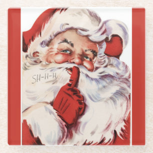 Vintage Jolly Old Santa Shhh Red Glass Coaster
