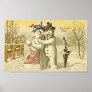 Vintage Joyeux Noel Snowman & Woman Card Poster