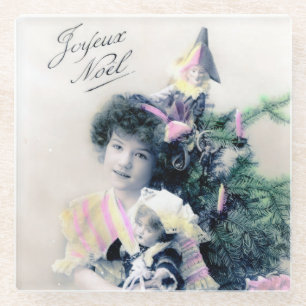 Vintage Joyeux Noël with Girl and Doll Glass Coaster