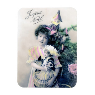 Vintage Joyeux Noël with Girl and Doll Magnet