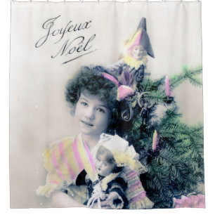 Vintage Joyeux Noël with Girl and Doll Shower Curtain