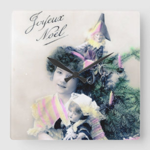 Vintage Joyeux Noël with Girl and Doll Square Wall Clock