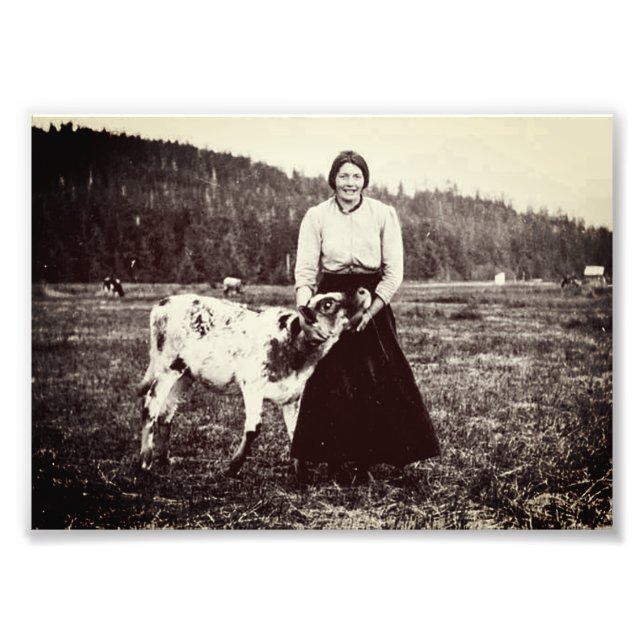 Vintage Juneau Dairy Woman with Cow Photo Print (Front)