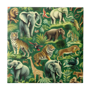 Vintage Jungle Animals Pattern Ceramic Tile