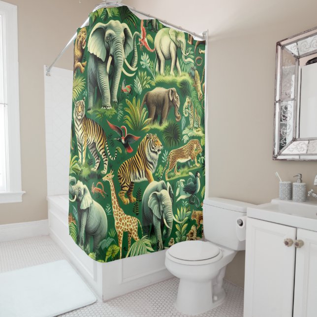 Vintage Jungle Animals Pattern Shower Curtain (In Situ)