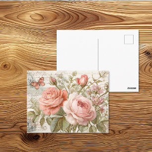 Vintage Junk Journal Roses and Butterfly Art Postcard
