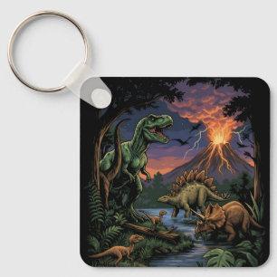 Vintage Jurassic Dinosaur Rex and Triceratops Key Ring