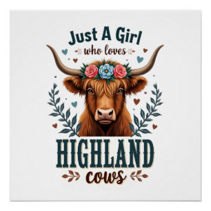 Vintage Just A Girl Who Loves Highland Cows Floral Poster