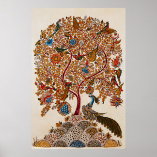 Vintage Kalamkari Tree of Life with Peacock Poster