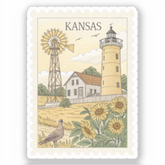 Vintage Kansas Sunflower Windmill Lighthouse Stamp