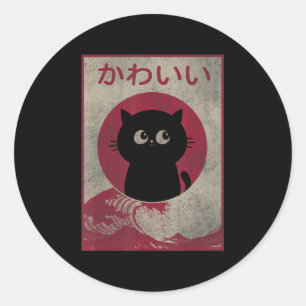Vintage Kawaii Cat Japanese Black Anime Gift Girls Classic Round Sticker