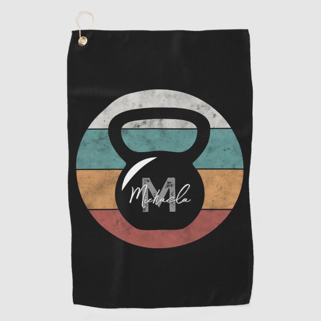 Vintage kettlebell custom monogram name initial golf towel (Front)