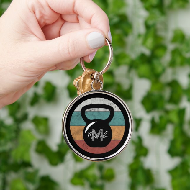 Vintage kettlebell custom monogram name initial key ring (Hand)