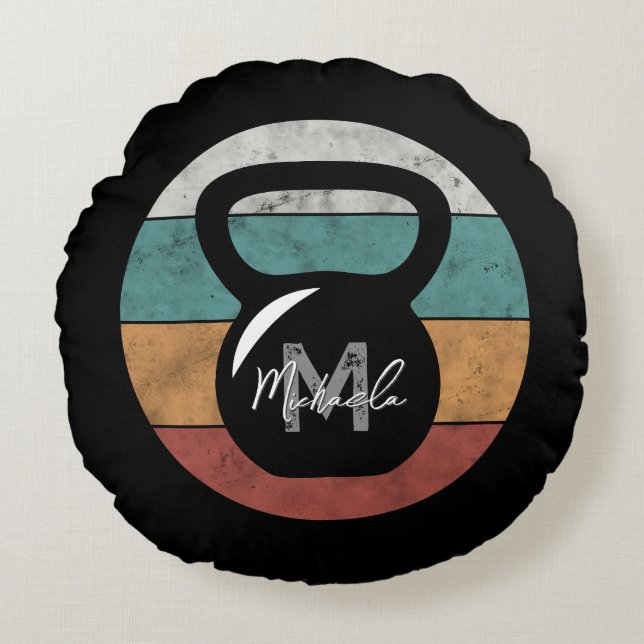 Vintage kettlebell custom monogram name initial round cushion (Front)